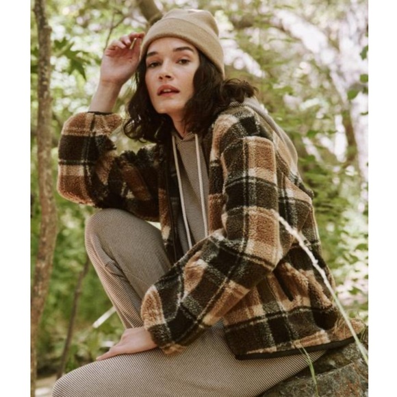 The Great Tartan Plaid Full-Zip Sherpa Relaxed Bomber Jacket Boho Brown Medium - Picture 2 of 13